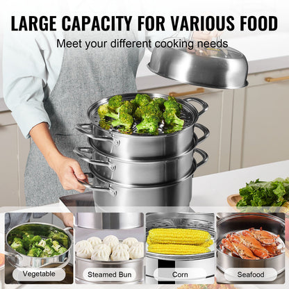VEVOR Dumpling Steamer Stainless Steel 5 Titer for for Cook Soup, Noodles, Fishes