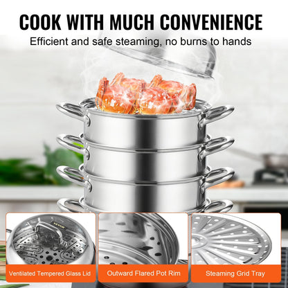5-Tier Stainless Steel Dumpling Steamer, 30cm Diameter, Multi-Stove Compatible