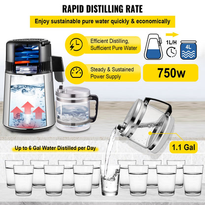 1.1 Gal Water Distiller, 750W, Stainless Steel with Glass Carafe, 5.5 kg