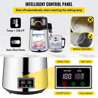 1.1 Gal Water Distiller, 750W, Stainless Steel with Glass Carafe, 5.5 kg