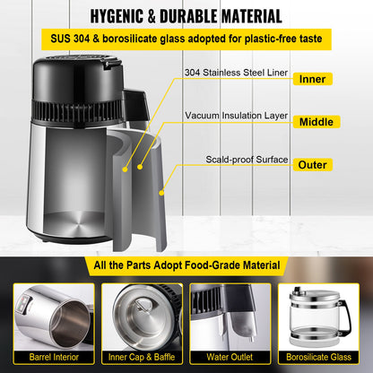 VEVOR 1.1 Gal Water Distiller, 0.3 Gal/H, 750W Distilled Water Maker Machine 0-99H