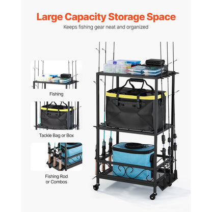 VEVOR 10 Pole Fishing Rod Holder Fishing Rack Cart Organizer for Garage Wheels