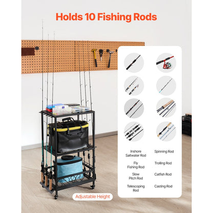 VEVOR 10 Pole Fishing Rod Holder Fishing Rack Cart Organizer for Garage Wheels