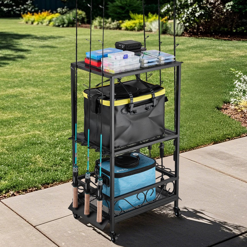 VEVOR 10 Pole Fishing Rod Holder Fishing Rack Cart Organizer for Garage Wheels