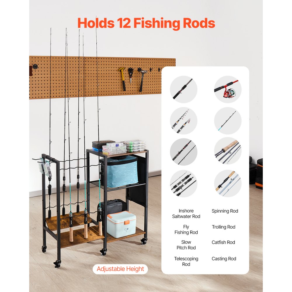 VEVOR 12 Pole Fishing Rod Holder Fishing Rack Cart Organizer for Garage Wheels