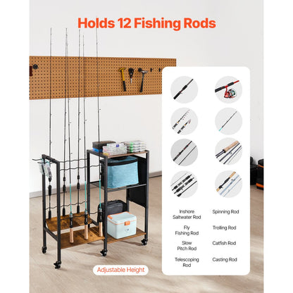 VEVOR 12 Pole Fishing Rod Holder Fishing Rack Cart Organizer for Garage Wheels