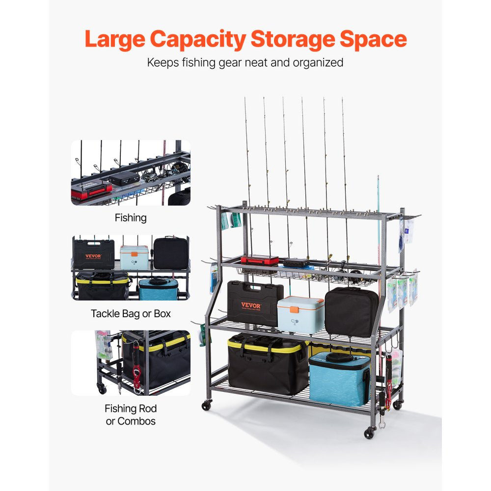 VEVOR 15 Pole Fishing Rod Holder Fishing Rack Cart Organizer for Garage Wheels