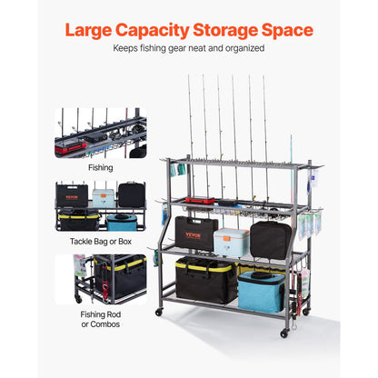 VEVOR 15 Pole Fishing Rod Holder Fishing Rack Cart Organizer for Garage Wheels