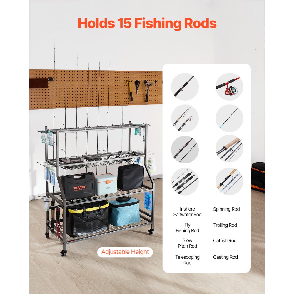 VEVOR 15 Pole Fishing Rod Holder Fishing Rack Cart Organizer for Garage Wheels