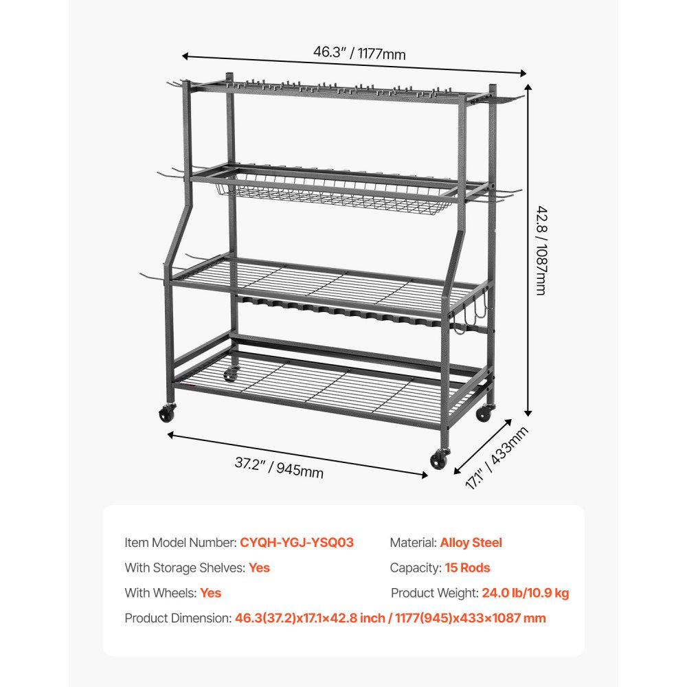 VEVOR 15 Pole Fishing Rod Holder Fishing Rack Cart Organizer for Garage Wheels