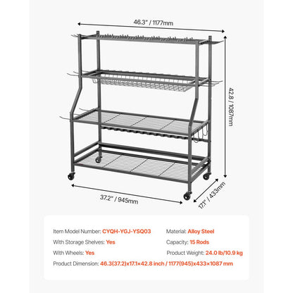 VEVOR 15 Pole Fishing Rod Holder Fishing Rack Cart Organizer for Garage Wheels