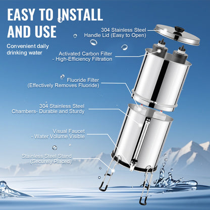 VEVOR 2.25G Gravity-fed Water Filter Countertop System Stainless Steel 4 Filters