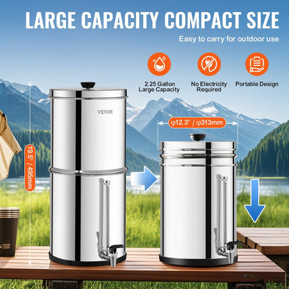 2.25G Stainless Steel Gravity Water Filter System with 2 Filters, 3.1 kg