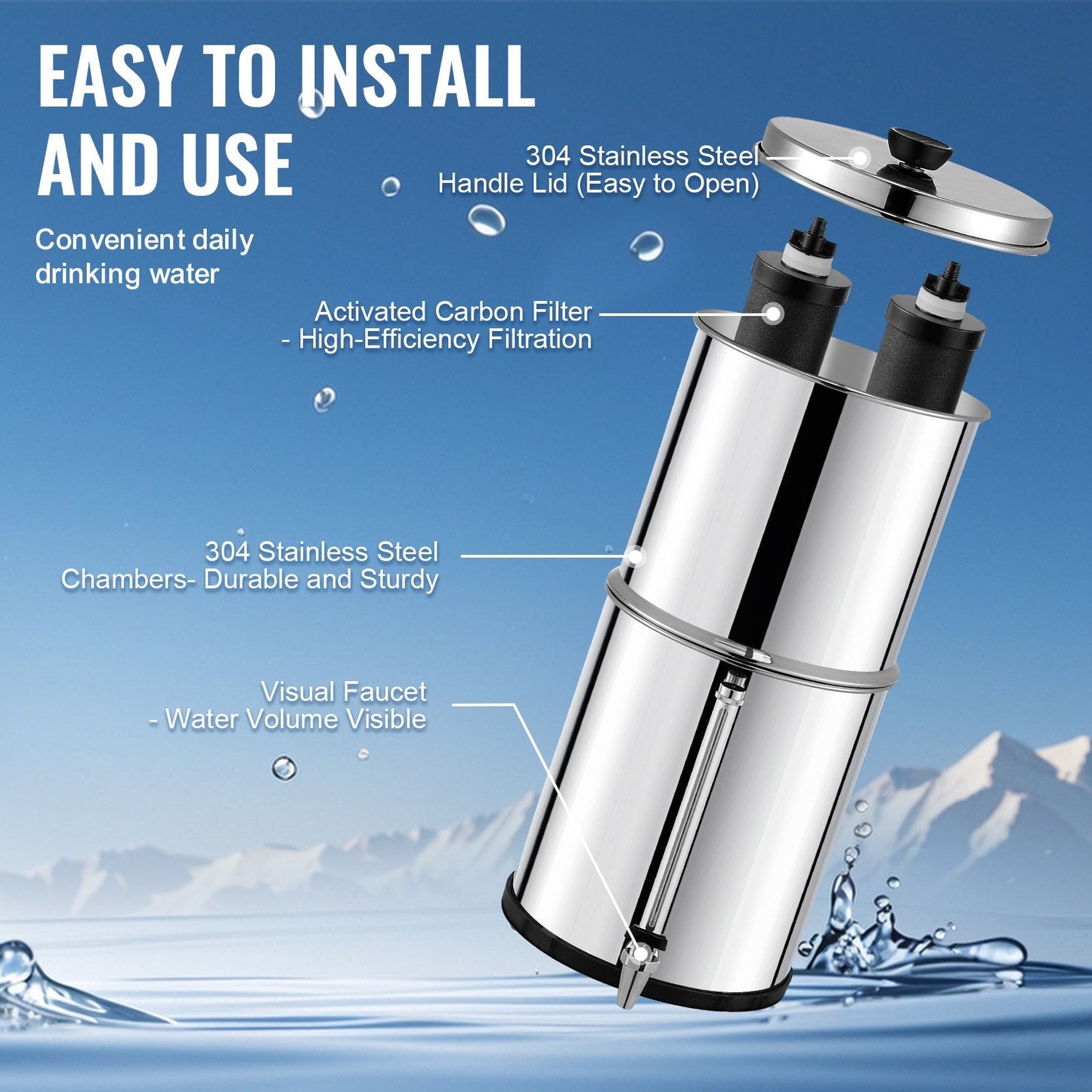 2.25G Stainless Steel Gravity Water Filter System with 2 Filters, 3.1 kg
