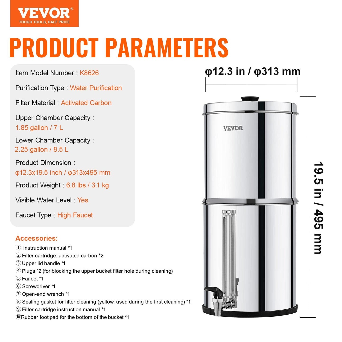 2.25G Stainless Steel Gravity Water Filter System with 2 Filters, 3.1 kg