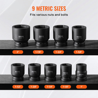 Axle Nut Impact Socket Set, 1" Drive 6-Point 9-Piece SAE Spindle Nut Socket Set, CR-MO Heat Treated Large Socket Set with Storage Case, for Auto Repair, Removing or Installing Axle Nuts