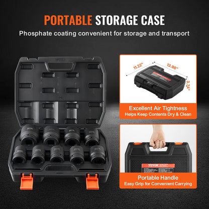 Axle Nut Impact Socket Set, 1" Drive 6-Point 9-Piece SAE Spindle Nut Socket Set, CR-MO Heat Treated Large Socket Set with Storage Case, for Auto Repair, Removing or Installing Axle Nuts