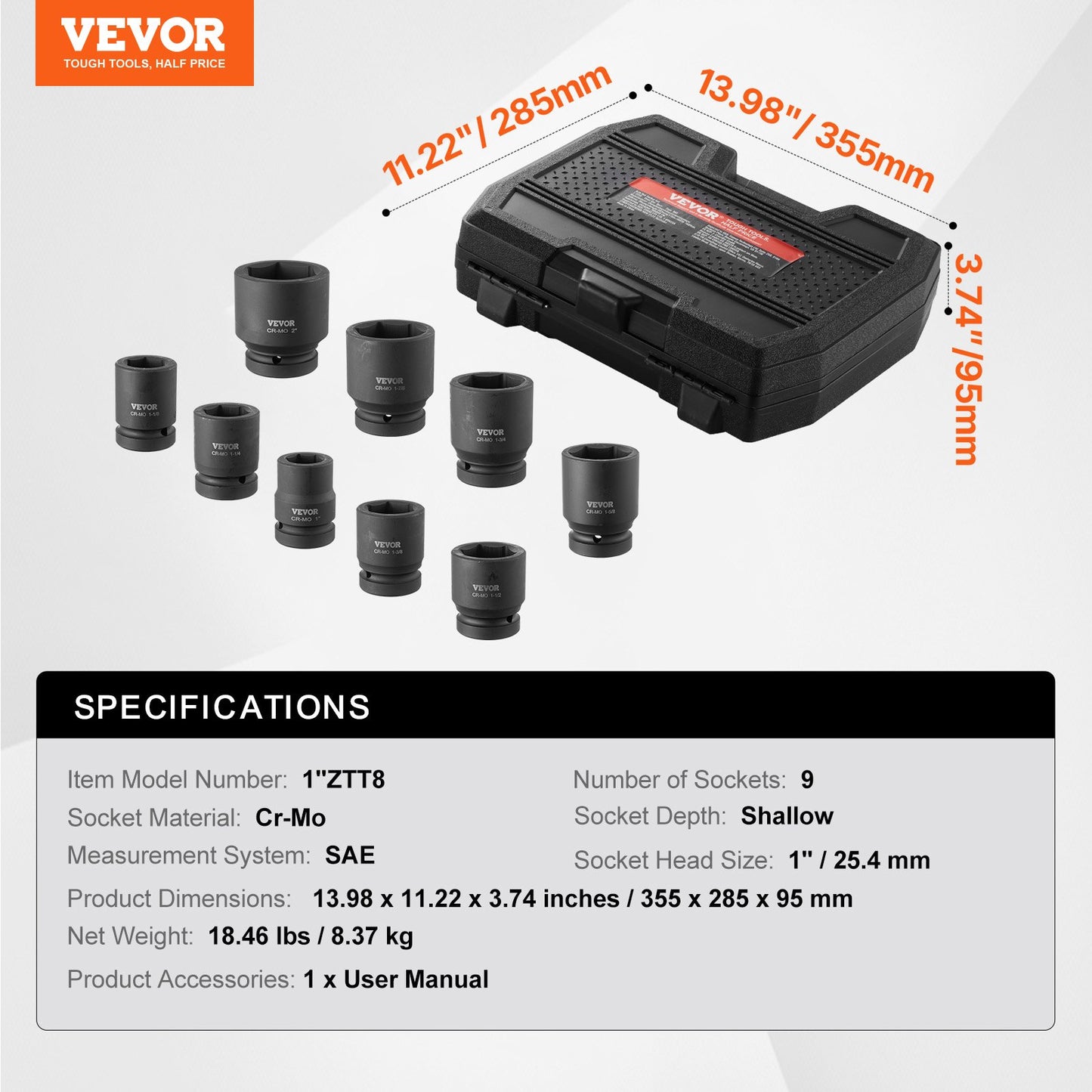 Axle Nut Impact Socket Set, 1" Drive 6-Point 9-Piece SAE Spindle Nut Socket Set, CR-MO Heat Treated Large Socket Set with Storage Case, for Auto Repair, Removing or Installing Axle Nuts
