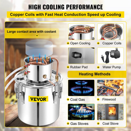 50L Copper Alcohol Distiller with Water Pump, Efficient Cooling & Sealing