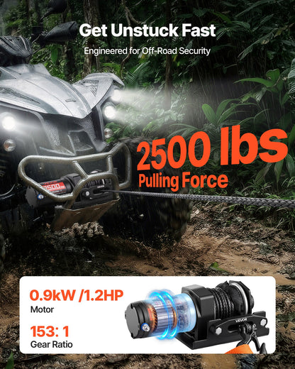 1134 kg Electric Winch, 12V DC ATV/UTV Winch with Φ4.8 mm x 12 m Synthetic Rope & Wired Remote Control, IP55 Waterproof, Aluminum Housing Fairlead Mount Plate for Towing ATV, Black