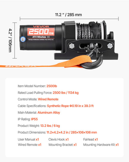 1134 kg Electric Winch, 12V DC ATV/UTV Winch with Φ4.8 mm x 12 m Synthetic Rope & Wired Remote Control, IP55 Waterproof, Aluminum Housing Fairlead Mount Plate for Towing ATV, Black