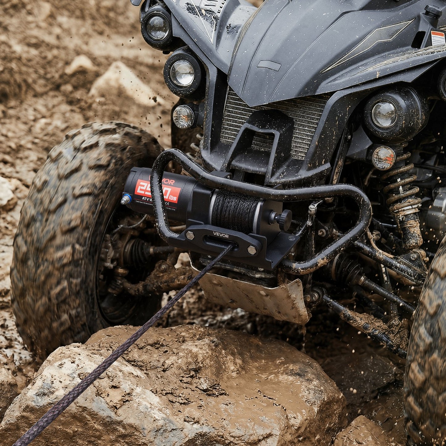 1134 kg Electric Winch, 12V DC ATV/UTV Winch with Φ4.8 mm x 12 m Synthetic Rope & Wired Remote Control, IP55 Waterproof, Aluminum Housing Fairlead Mount Plate for Towing ATV, Black