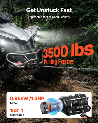 1587 kg Electric Winch, 12V DC ATV/UTV Winch with Φ5.5 mm x 10 m Synthetic Rope & Wired Remote Control, IP55 Waterproof, Aluminum Housing Fairlead Mount Plate for Towing ATV, Black