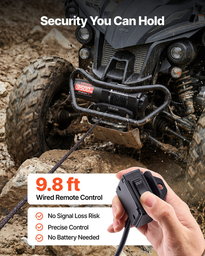 1587 kg Electric Winch, 12V DC ATV/UTV Winch with Φ5.5 mm x 10 m Synthetic Rope & Wired Remote Control, IP55 Waterproof, Aluminum Housing Fairlead Mount Plate for Towing ATV, Black