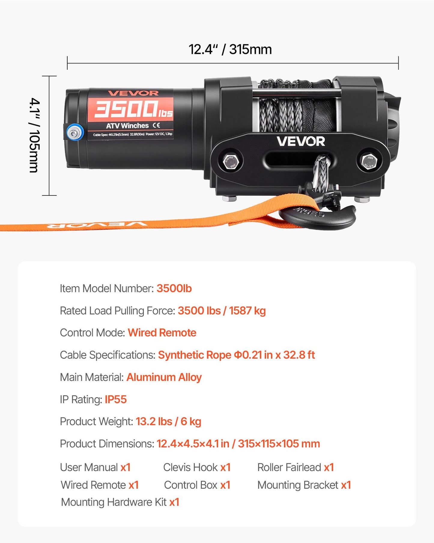 1587 kg Electric Winch, 12V DC ATV/UTV Winch with Φ5.5 mm x 10 m Synthetic Rope & Wired Remote Control, IP55 Waterproof, Aluminum Housing Fairlead Mount Plate for Towing ATV, Black