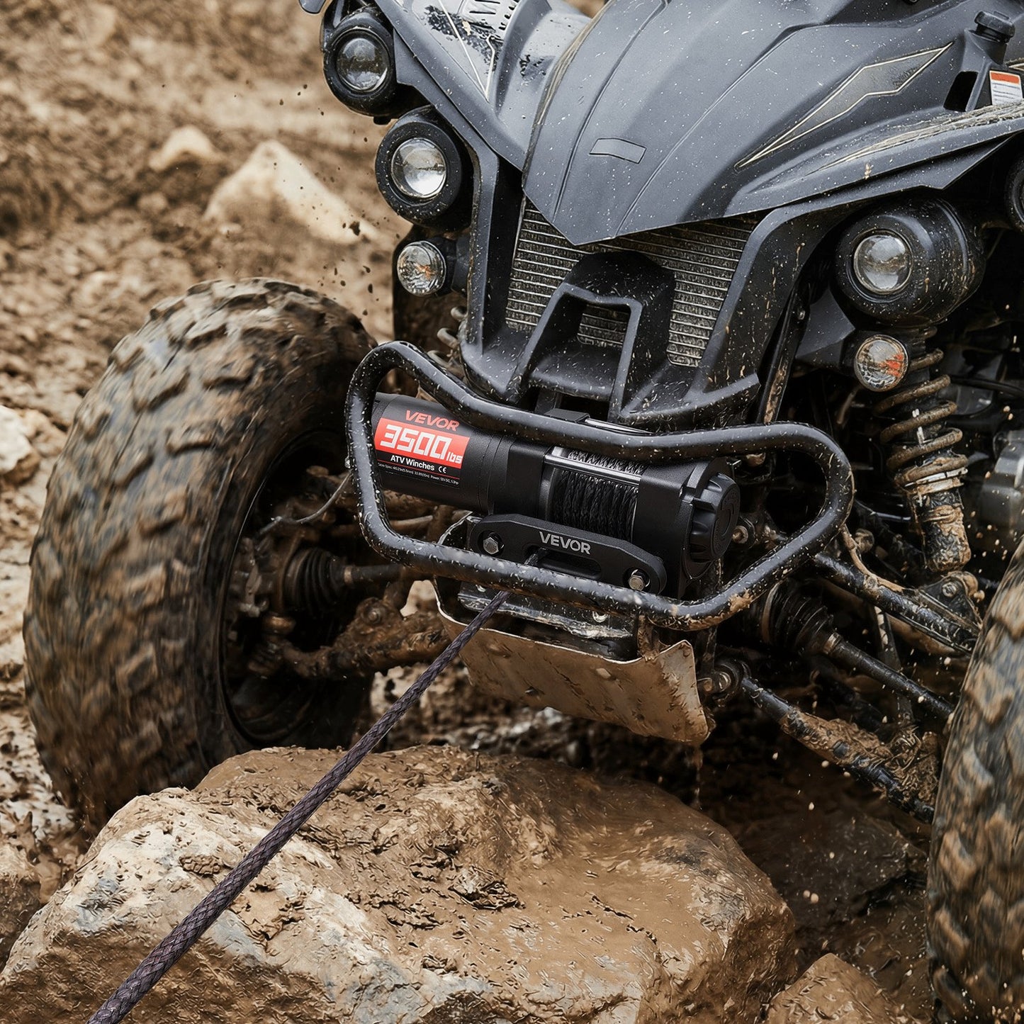 1587 kg Electric Winch, 12V DC ATV/UTV Winch with Φ5.5 mm x 10 m Synthetic Rope & Wired Remote Control, IP55 Waterproof, Aluminum Housing Fairlead Mount Plate for Towing ATV, Black
