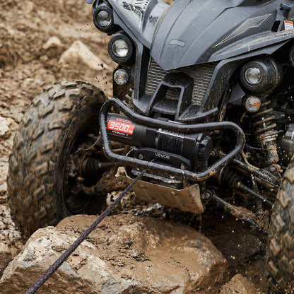 1587 kg Electric Winch, 12V DC ATV/UTV Winch with Φ5.5 mm x 10 m Synthetic Rope & Wired Remote Control, IP55 Waterproof, Aluminum Housing Fairlead Mount Plate for Towing ATV, Black