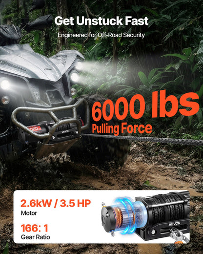 2721 kg Electric Winch, 12V DC ATV/UTV Winch with Φ6 mm x 15 m Synthetic Rope, Wireless & Wired Remote Control, IP55 Waterproof, with Fairlead Mount Plate for Towing ATV UTV Off-Road