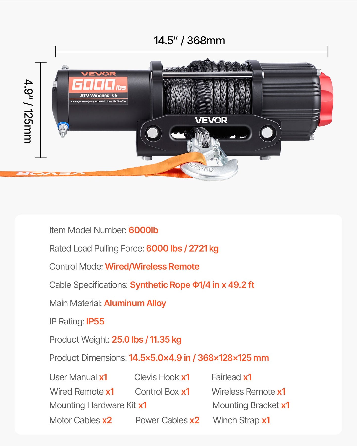 2721 kg Electric Winch, 12V DC ATV/UTV Winch with Φ6 mm x 15 m Synthetic Rope, Wireless & Wired Remote Control, IP55 Waterproof, with Fairlead Mount Plate for Towing ATV UTV Off-Road