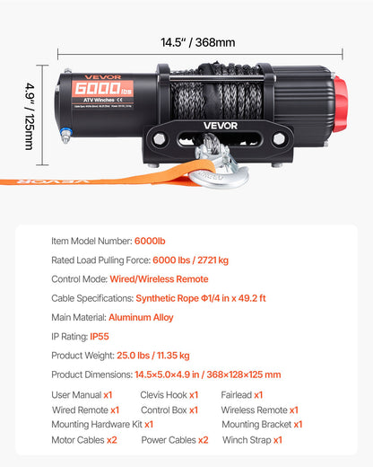 2721 kg Electric Winch, 12V DC ATV/UTV Winch with Φ6 mm x 15 m Synthetic Rope, Wireless & Wired Remote Control, IP55 Waterproof, with Fairlead Mount Plate for Towing ATV UTV Off-Road