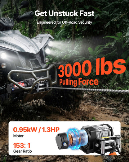 1360 kg Electric Winch, 12V DC ATV/UTV Winch with Φ5 mm x 12 m Steel Wire Rope & Wired Remote Control, IP55 Waterproof, Aluminum Housing Fairlead Mount Plate for Towing ATV, Black
