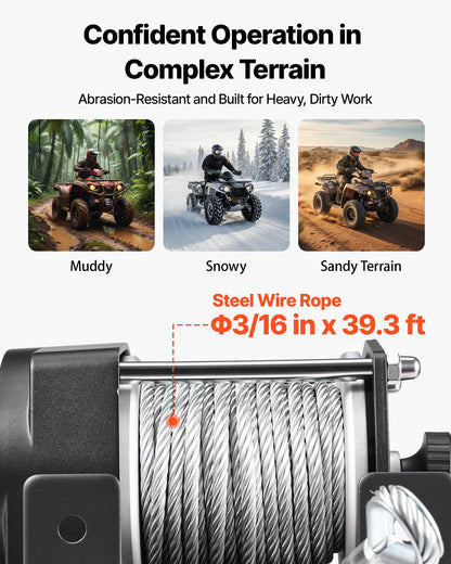 1360 kg Electric Winch, 12V DC ATV/UTV Winch with Φ5 mm x 12 m Steel Wire Rope & Wired Remote Control, IP55 Waterproof, Aluminum Housing Fairlead Mount Plate for Towing ATV, Black