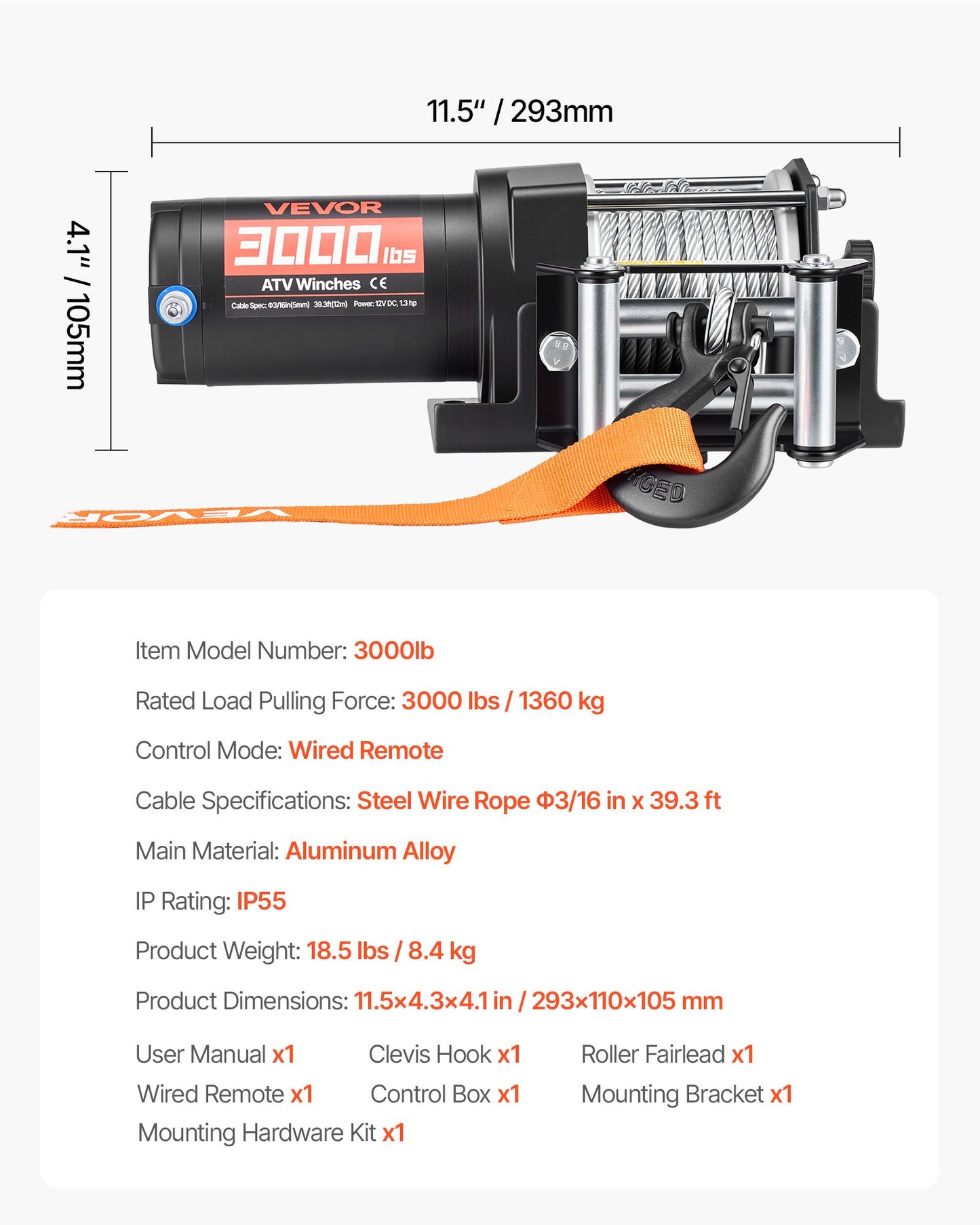 1360 kg Electric Winch, 12V DC ATV/UTV Winch with Φ5 mm x 12 m Steel Wire Rope & Wired Remote Control, IP55 Waterproof, Aluminum Housing Fairlead Mount Plate for Towing ATV, Black