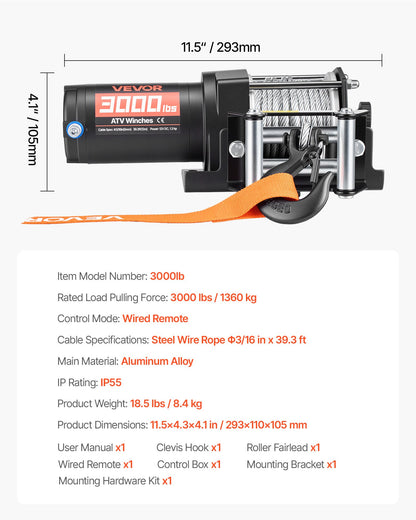 1360 kg Electric Winch, 12V DC ATV/UTV Winch with Φ5 mm x 12 m Steel Wire Rope & Wired Remote Control, IP55 Waterproof, Aluminum Housing Fairlead Mount Plate for Towing ATV, Black