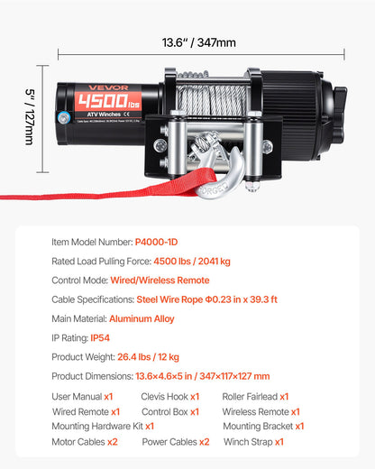 2041 kg Electric Winch, 12V DC ATV/UTV Winch with Φ6 mm x 12 m Steel Wire Rope, Wireless & Wired Remote Control, IP54 Waterproof, Roller Fairlead Mount Plate for Towing ATV UTV Off-Road
