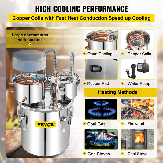 50L Alcohol Distiller with Thumper Keg & Water Pump, Stainless Steel & Copper