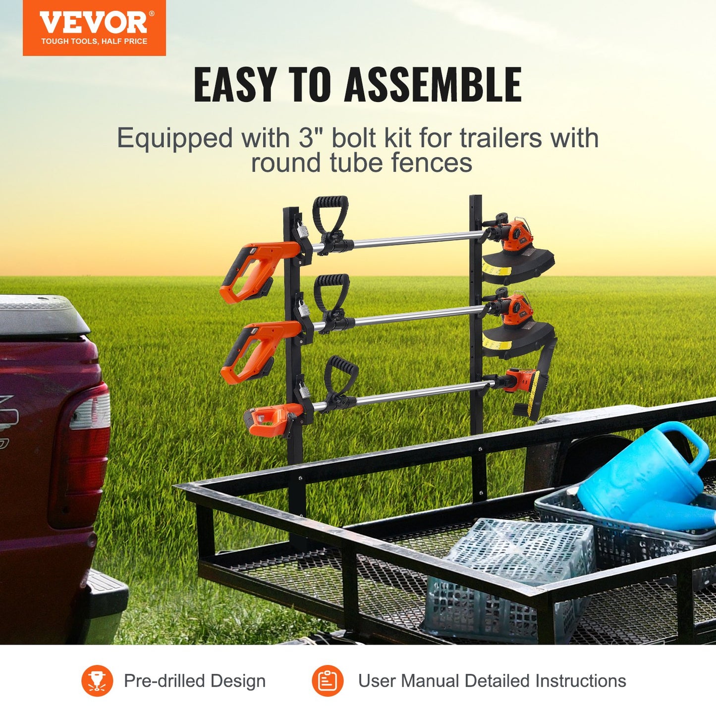 VEVOR Trimmer Rack, 3 Place Weeder Trimmer Rack, Locking Trim Holder Landscape Trailer