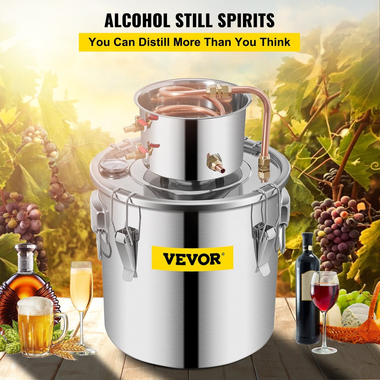 Stainless Steel 38L Water Alcohol Distiller Kit with Copper Tube & Thermometer