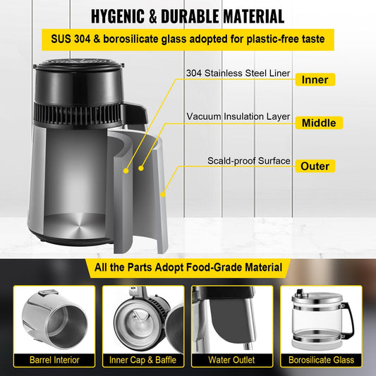 Stainless Steel Countertop Water Distiller, 4L, 0.75kW for Home Use, Silver