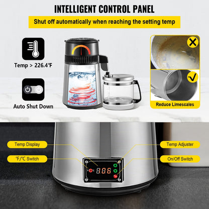 Stainless Steel Countertop Water Distiller, 4L, 0.75kW for Home Use, Silver
