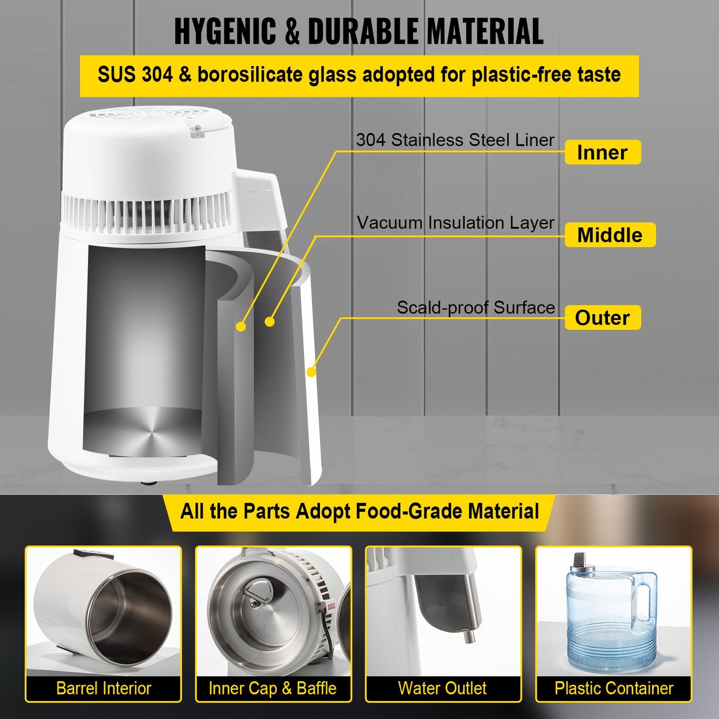 VEVOR Home Water Distiller Distilled Water Maker 4L with Dual Temp Display White
