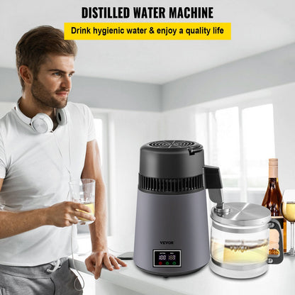 Home Water Distiller 4L with Dual Temp Display and Carbon Filters, Grey