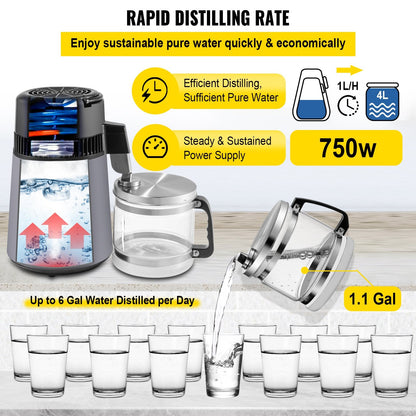 Home Water Distiller 4L with Dual Temp Display and Carbon Filters, Grey