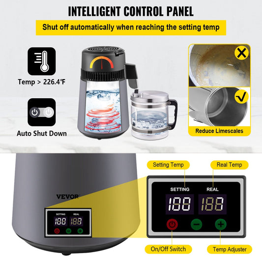Home Water Distiller 4L with Dual Temp Display and Carbon Filters, Grey