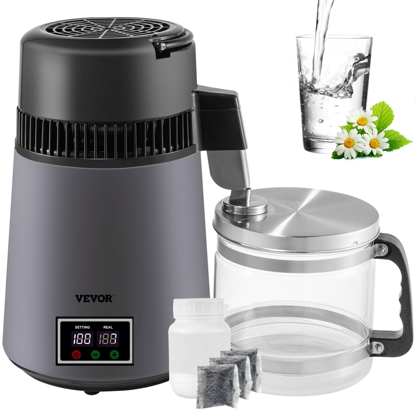 Home Water Distiller 4L with Dual Temp Display and Carbon Filters, Grey