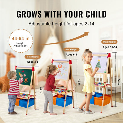VEVOR 3-in-1 Kids Art Easel Double-Sided Wooden Magnetic Whiteboard Chalkboard
